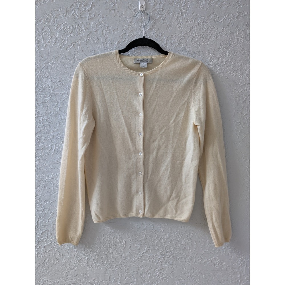 Brooks Brothers Cardigan Sweater Womens S 100% Cashmere Cream Ivory Crew Neck